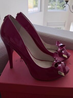 Ivanka Trump Patent Peep-Toe Pumps in Fuchsia with Bow Accent